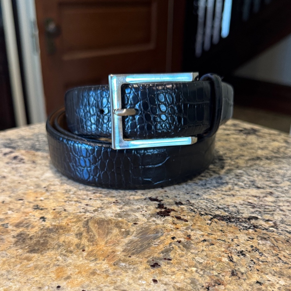 Neiman Marcus Black Leather Belt with Silver Buckle
